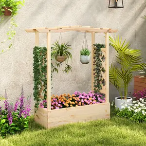 Costway- Raised Garden Bed with Sided Trellis & Hanging Roof, Wood Planter Box, Freestanding Garden Planter Raised Bed for Flowers Herbs Climbing Vine-Springtok