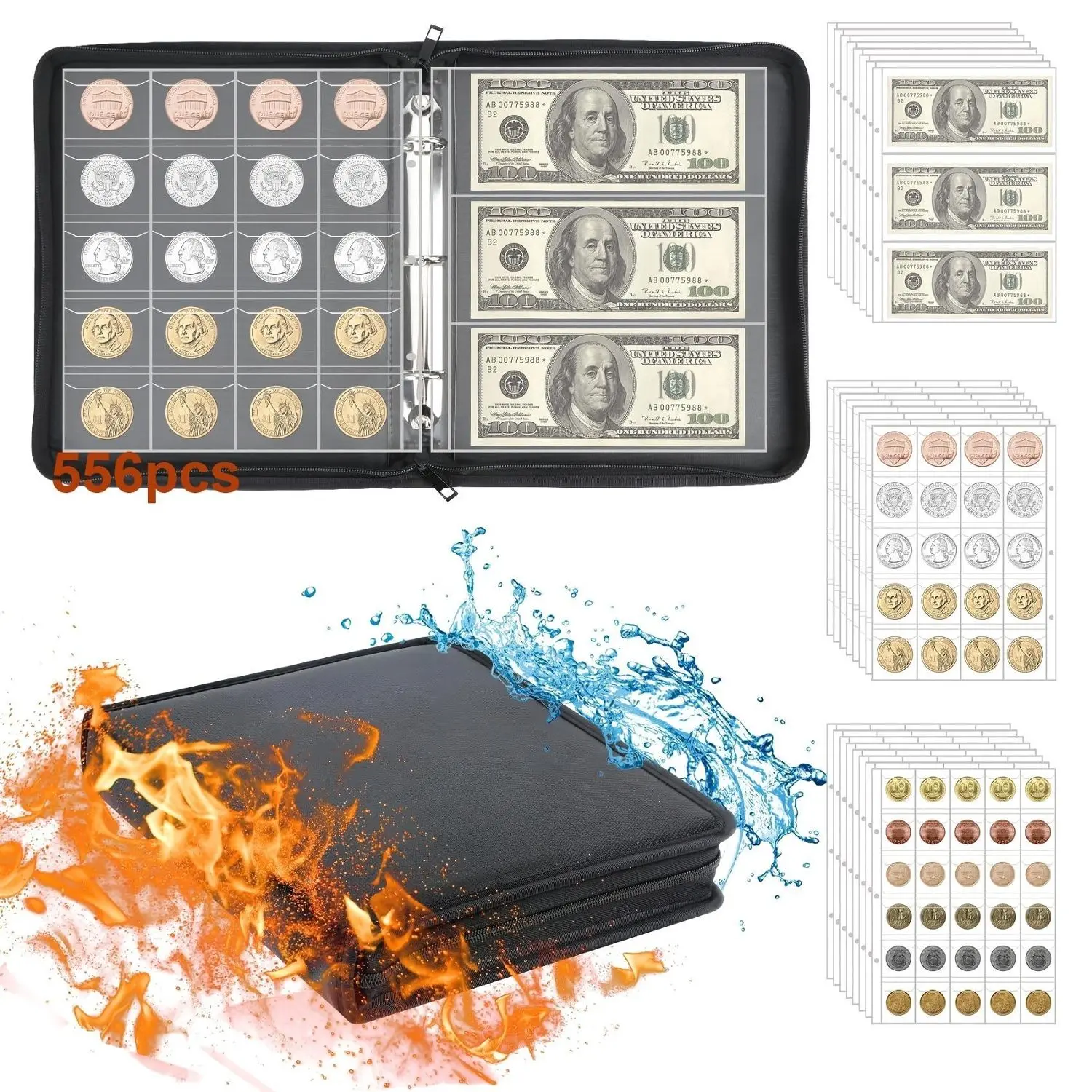 A Unique Bookshelf Designed for Collectors, Featuring a Fireproof Coin Collection Album with 300 Pockets And 36 Storage Sleeves for Organizing Coins, Banknotes, Pennies, Quarters, Stamps, And Card Albums