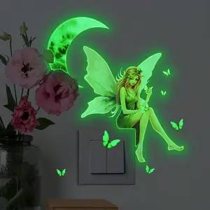 Glow-In-The-Dark Fairy Moon Switch Sticker Wall Decal, Home Living Room Bedroom Decoration, Fluorescent Wall Art Stickers, Decorative Wall Sticker