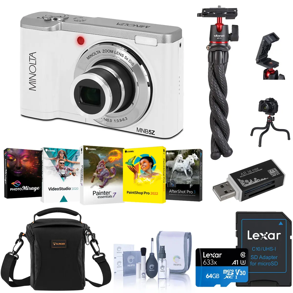 Minolta MNB5Z 56MP 5K Ultra HD 2.8" LCD Screen Digital Camera, White, Bundle with Shoulder Bag, 64GB Memory Card, Tripod, Cleaning Kit, PC Software Kit