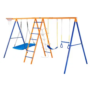 【Summervibes】VEVOR Swing Sets for Backyard,  , 6 in 1 Swing Set with 2 Swings, Trapeze Bar, Climbing Ladder, Climbing Net, and Basketball Hoop, 440lbs Load Capacity Heavy-Duty Metal Swingset Outdoor for Kids Ages 3+