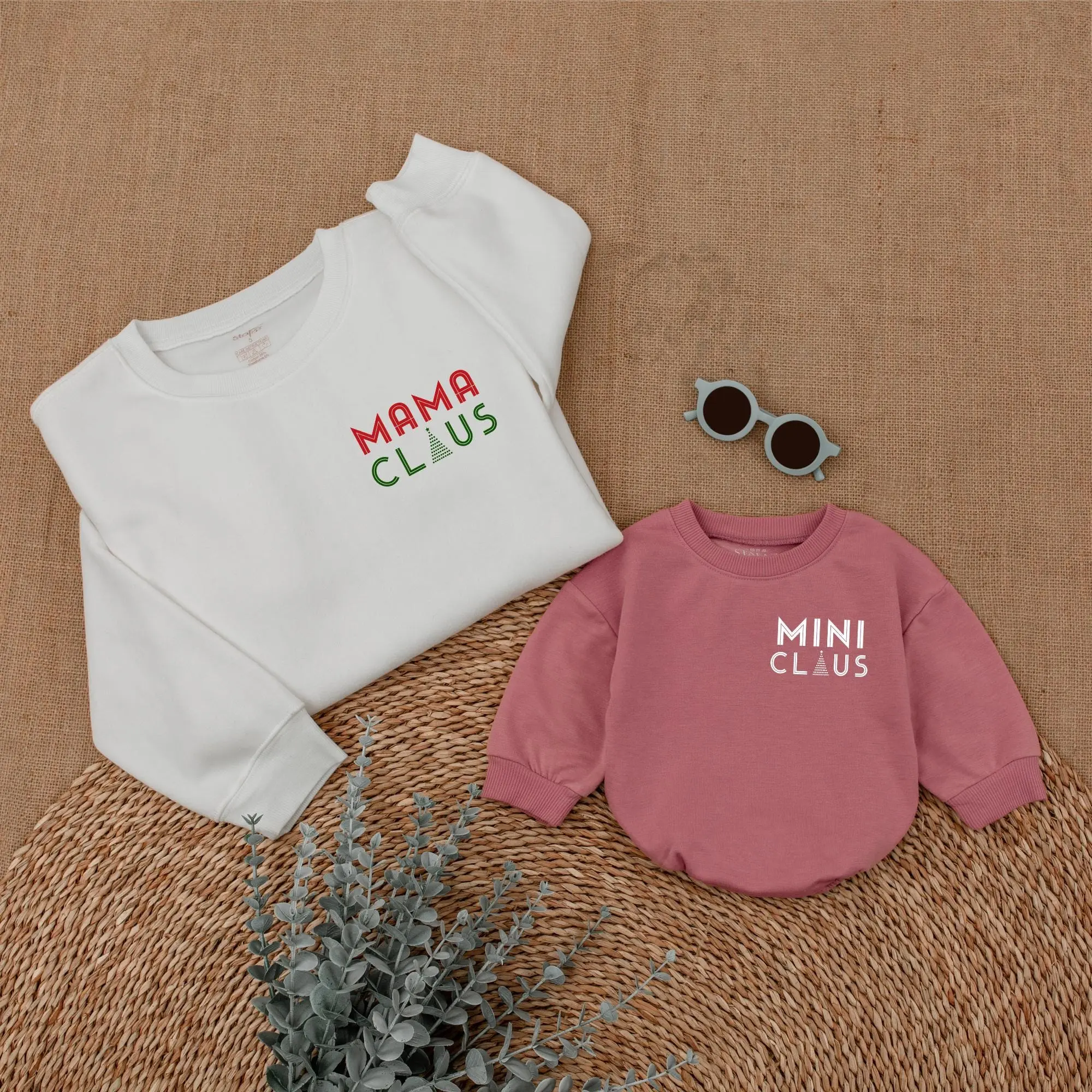 Mama and Mini Claus Sweatshirt Set - Dada Claus Christmas Mommy and Me Matching Outfit with Baby Girl Romper for Family Photos and Special Occasions