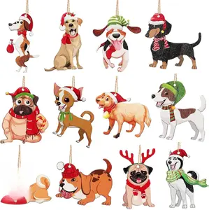 36 Pieces Dog Christmas Ornaments Wooden Puppy Tree Hanging Ornaments with Santa Hats Scarves and Bells Cute Xmas Dog Lover Gifts for Home Holiday Party Decorations 12 Styles