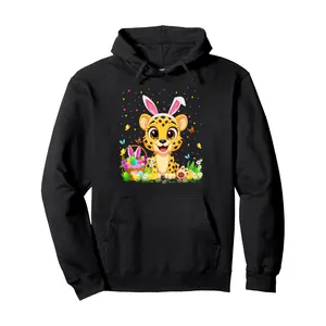 Men's Hoodies Men's Easter Bunny-Ear Cheetah Hoodie - Black Pullover Hooded Sweatshirt with Easter Egg Hunt Graphic, Blend for Costume Parties & Spring Celebrations - Machine Washable Casual Hoodie