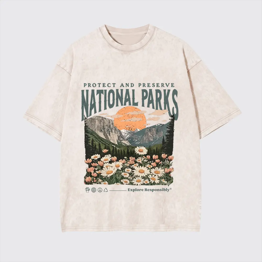 Protect And Preserve National Parks Vintage Washed T Shirt, Retro Mountain Valley & Wildflower Graphic Tee, Nature Conservation Inspired Oversized Cotton Shirt, Soft Distressed Streetwear Top for Hiking, Camping, Outdoor Adventures & Eco Lovers