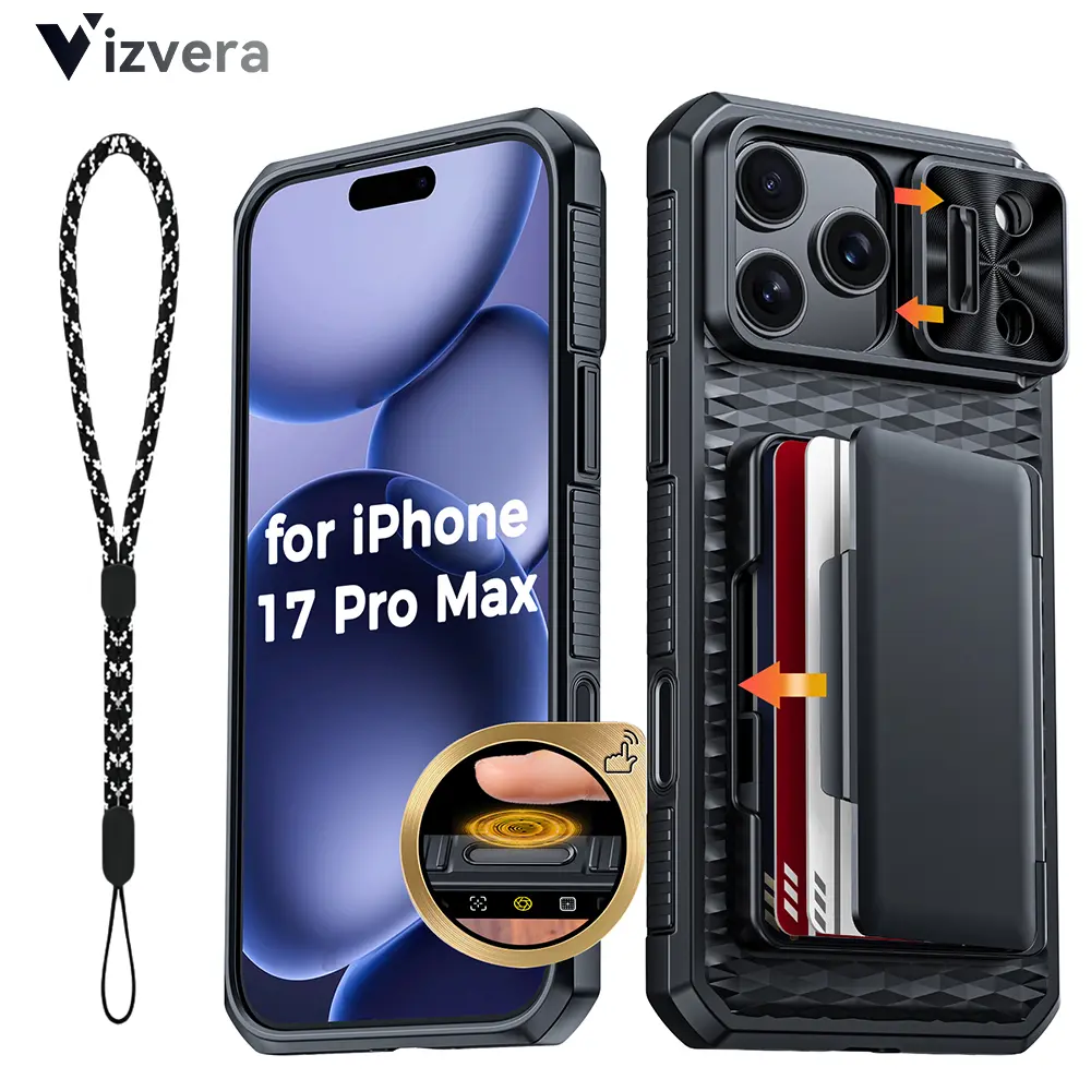Vizvera for iPhone 17 Pro Max / 16 Pro Max Wallet Case  | Carry 3–5 cards + cash Card Holder | RFID Blocking | Lens Protector | Military-Grade Drop Protection | Sliding Camera Cover Wallet Case | Kickstand | Card Holder | Summer Vibes phone case backtosch