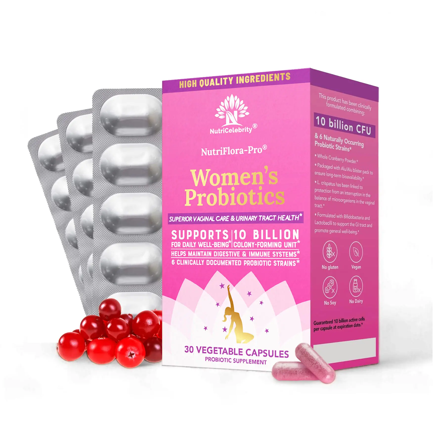 NutriCelebrity NutriFlora-Pro Probiotics for Women - Support Vaginal, Urinary Health (UTI), Digestive System, Period Pain, Yeast, and BV Relief, Cranberry Pills, 10 Billion CFU 6 Strains (30 Caps)