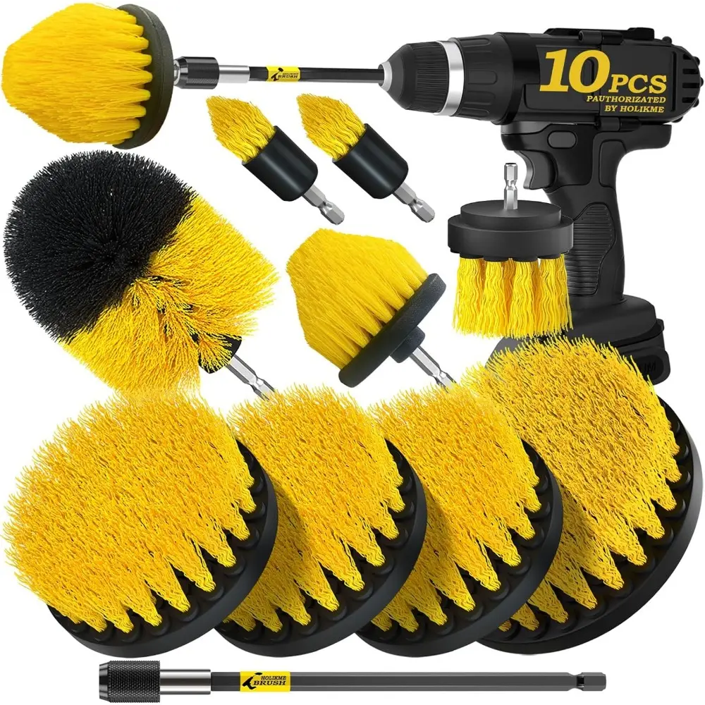 10Pieces Drill Brush Attachments Set, Power Scrubber Brush with Extend Long Attachment,Scrub Brush,Shower Scrubber,Cleaning Supplies,Yellow