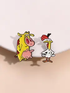 2-Pack Chicken & Cow Cartoon Badges, Q-Version Colorful Design, Perfect for 90s Nostalgia Fans & Cartoons Lovers, Fun Collection & Clothing Accessories, Fashion Accessory