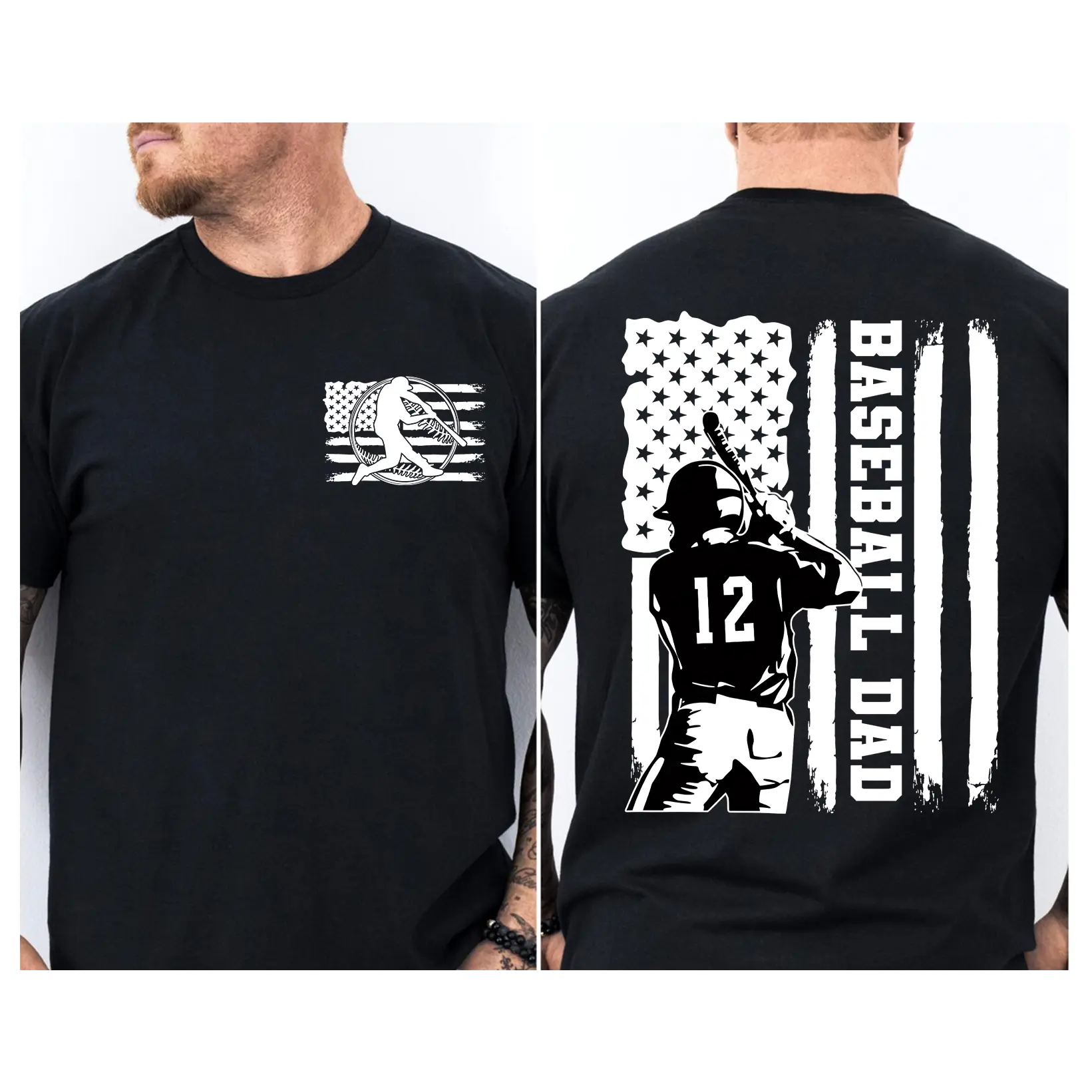 100% Cotton Men's Custom Number Baseball Dad Flag Graphic T-Shirt, Baseball Dad Club Tee, Gameday Cheer&Support Baseball Player Papa Shirt