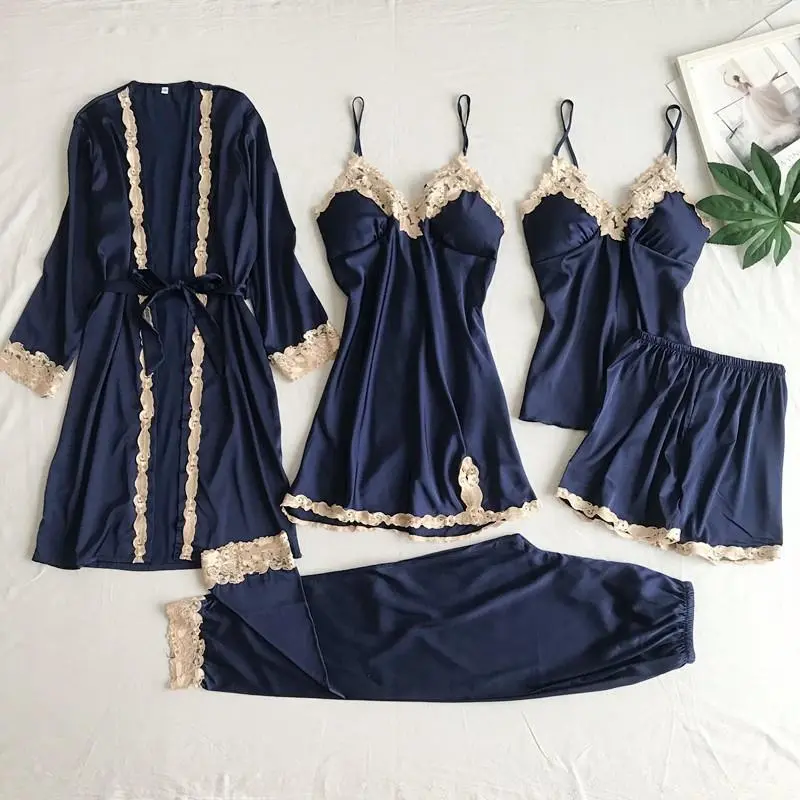 Faux Silk Pajamas Sexy Lingerie Five-Piece Set Strap Women's Loungewear Bathrobe Sleepwear Plus Size Womenswear Homewear Pjs Basic