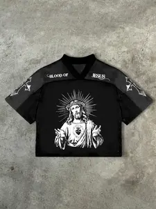 Men's Casual Spiritual Style Mesh Short T-Shirt with Jesus Print, Breathable Fabric for Summer Everyday Wear, Fitted Long Length Design