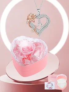 Heart Shape Rose Jewelry Gift Box With Rose Heart Initial Necklace for Women, Letter Alphabet Heart Necklace, Anniversary Birthday Jewelry Gifts for Wife Mom Girlfriend