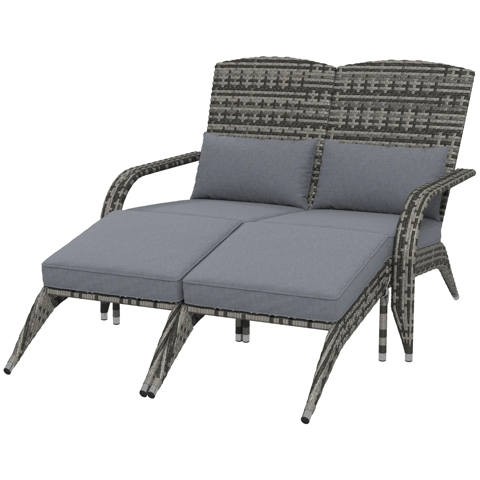 PE Rattan Wicker Double Adirondack Chair for 2 with Cushions, Footrests, High Back, Wide Armrests, Mixed Gray – Outdoor Fire Pit Porch Lounge Chair