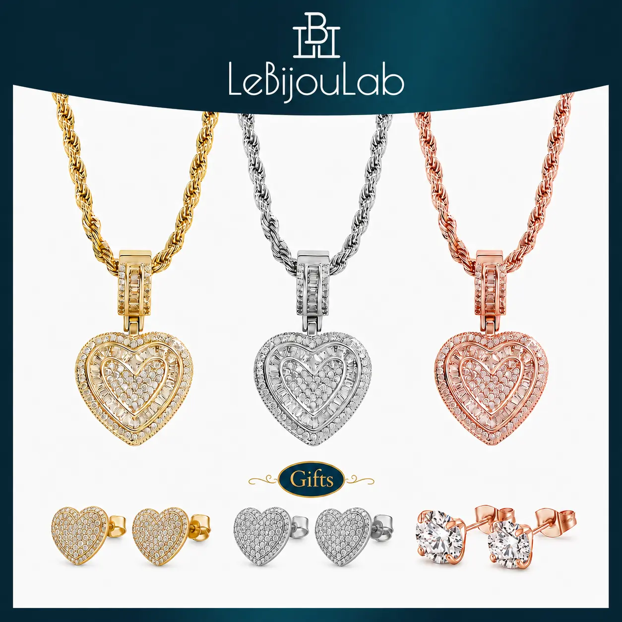 [LeBijouLab] 2026 Summer Vibe Iced-Out Heart Necklace - 20in/24in Stainless Steel Rope Chain | Holiday Gift | Gifts for Girlfriend | Gifts for Her | Jewelry Box Included | Y2K Women's Accessories