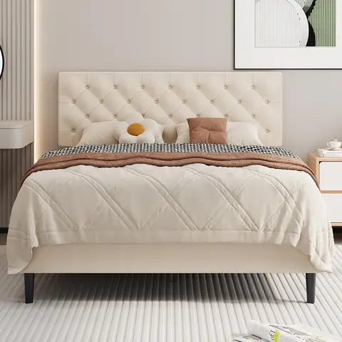 HOMBCK Linen Fabric Upholstered Wooden Bed Frame - Queen Size, Adjustable Headboard, Button Tufted, Engineered Wood Slats Support, 8-11.9 in Underbed Storage, No Mattress/Box Spring Needed, Minimalist Modern, Assembly Required #SohoChic#Homemakeover