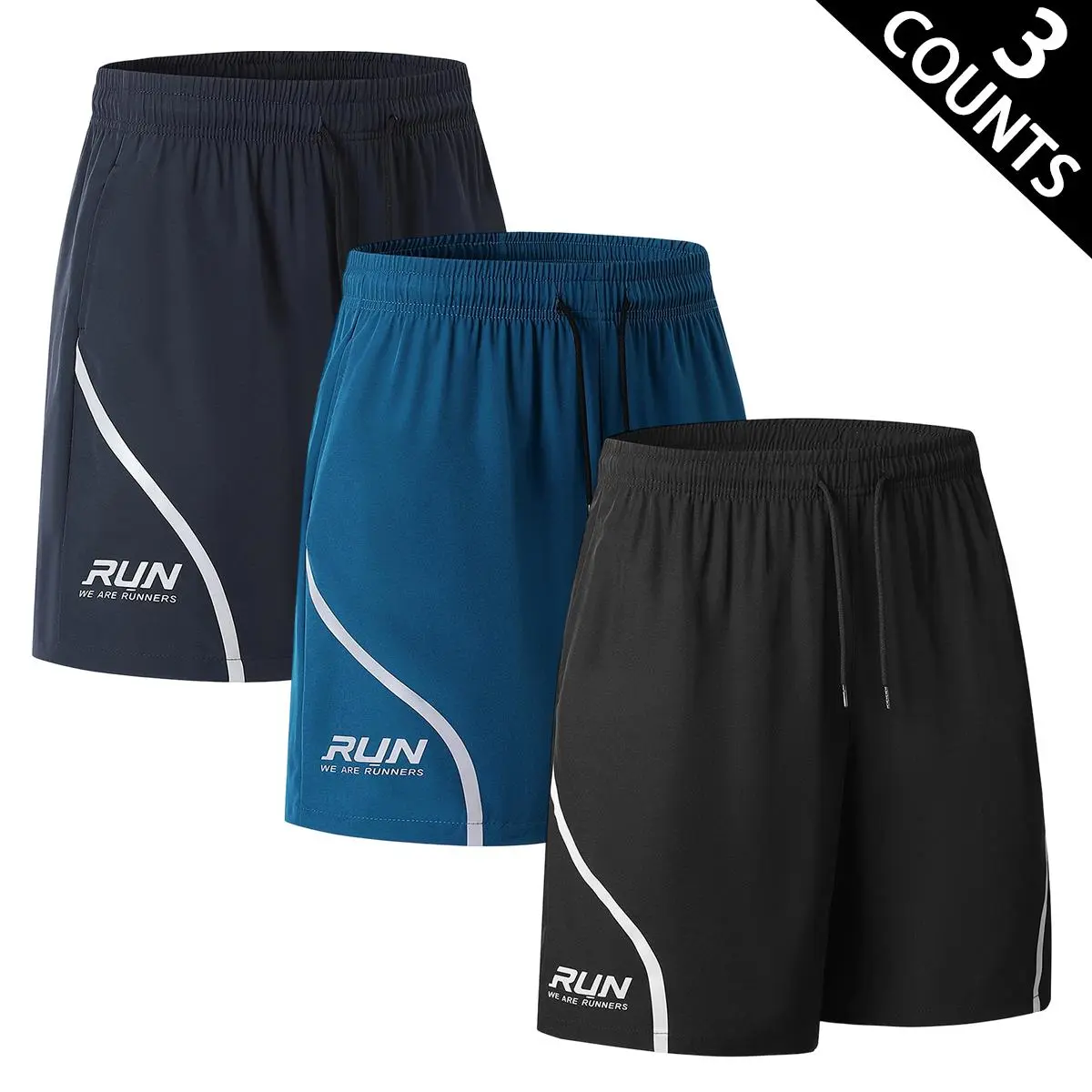 Men's Athletic Mid-Length Colorblock Shorts (3-Pack, S-XL) - Quick Dry, Lightweight, Loose, Adjustable Elastic Waist with Black Drawstring, Straight Leg, Minimal Multi-Style, Side Curved Contrast Line, Running Letter Print, for Daily Sports & Casual Wear