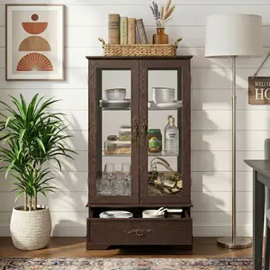Eyisean 47" Curio Cabinet with Light Bulb, Vintage Wood Glass Display Case with 3-Tier Adjustable Shelves, Mirrored Back, Drawer, Elegant China Cabinet for Collectibles, Living Room, Kitchen, Home Office
