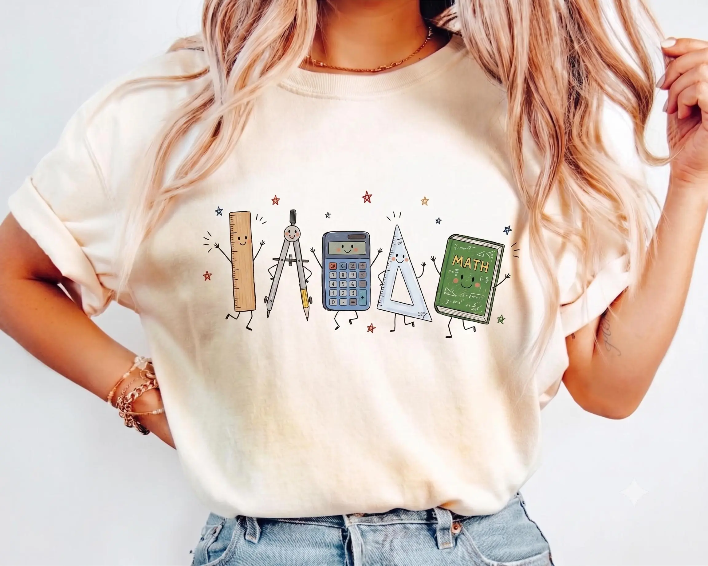 Comfort Colors Funny Math Teacher T-Shirt, Doodle Characters Geometry Back to School T-Shirt, First Day of School Graphic Tee, Gift for Teacher