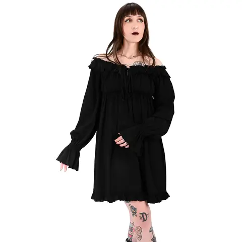 Foxblood Shop Women's Casual Anya Corset Dress - Adjustable Straps, Long Sleeves, Ruffle Trim, Cute, Stretchy Crinkle Rayon Fabric, Little Stretch, Comfy Fit, Available in 2XL