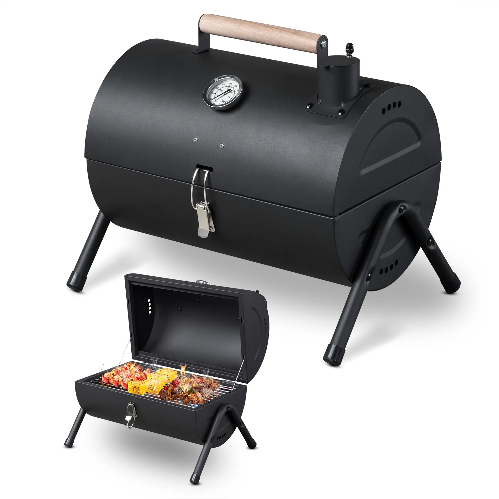 Compact Tabletop Charcoal Grill with Thermometer & Wooden Handle, Lightweight Portable BBQ Grill with Lockable Lid & Adjustable Vent, Small Outdoor Cooking Grill for Camping Picnic Backyard Patio Party