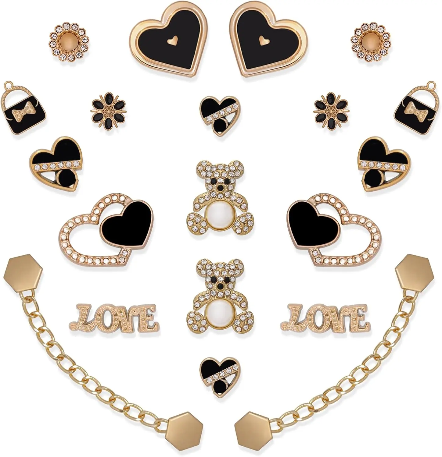 20 Pcs Bling Shoe Charms for Women, Sparkle Flower Bear Shoe Decoration Charms Black Heart Shoe Charm, Gold Shoe Chains for Clog Sandals, DIY Shoe Accessories for Birthday Party Favorx