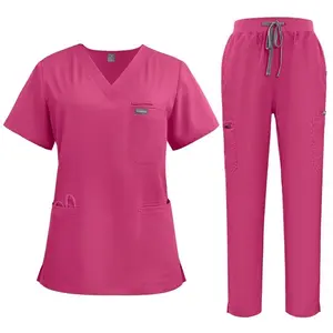 V-Neck Straight Pants Women Scrubs in Vibrant Pink with 9 Functional Pockets Adjustable Waist & Name Tag Loop
