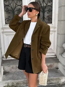 Suede Blazer Camel & Olive Brown Reversible Lapel Jacket Patch Pockets & Classic Button Design Versatile Vintage Daily Office Looks Women's Layered Outerwear Stylish Layering & Statement Outfits Solid Textured Blazer
