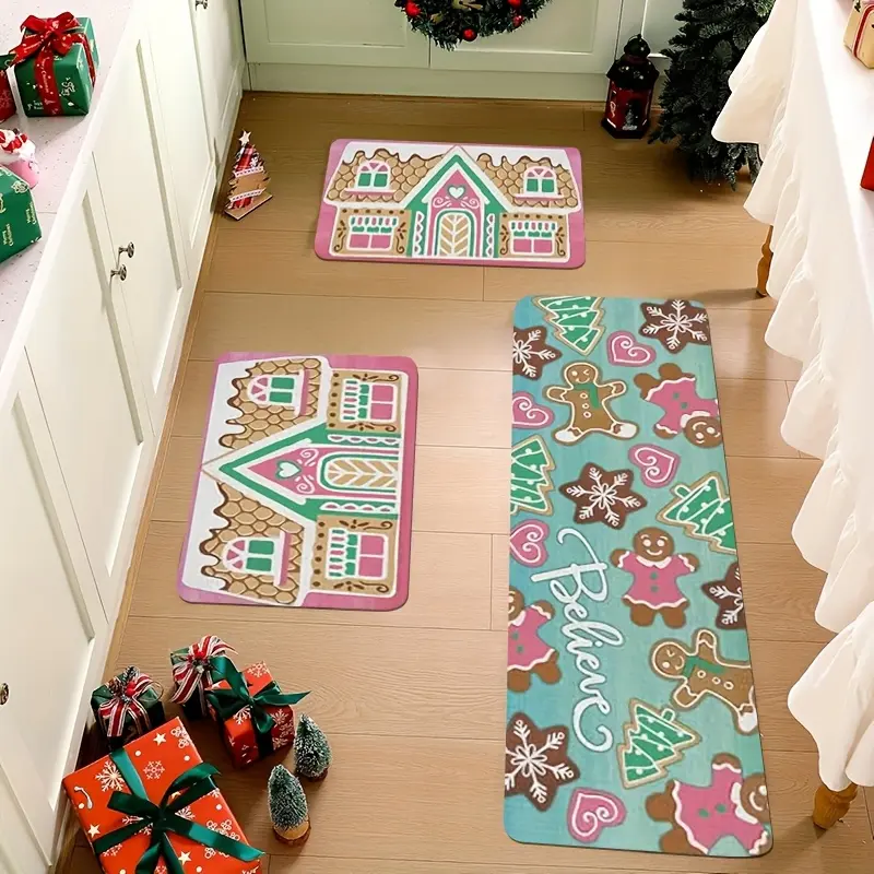 2/3pcs Christmas Rug Set, Holiday Gingerbread Style Floor Mat Rug, Home Decor, 0.47inch Thickened Sponge, Flannel Material, Kitchen Rug, Lightweight Rectangle, Non-Slip, Machine Washable and Easy to Care for, Soft and Comfortable