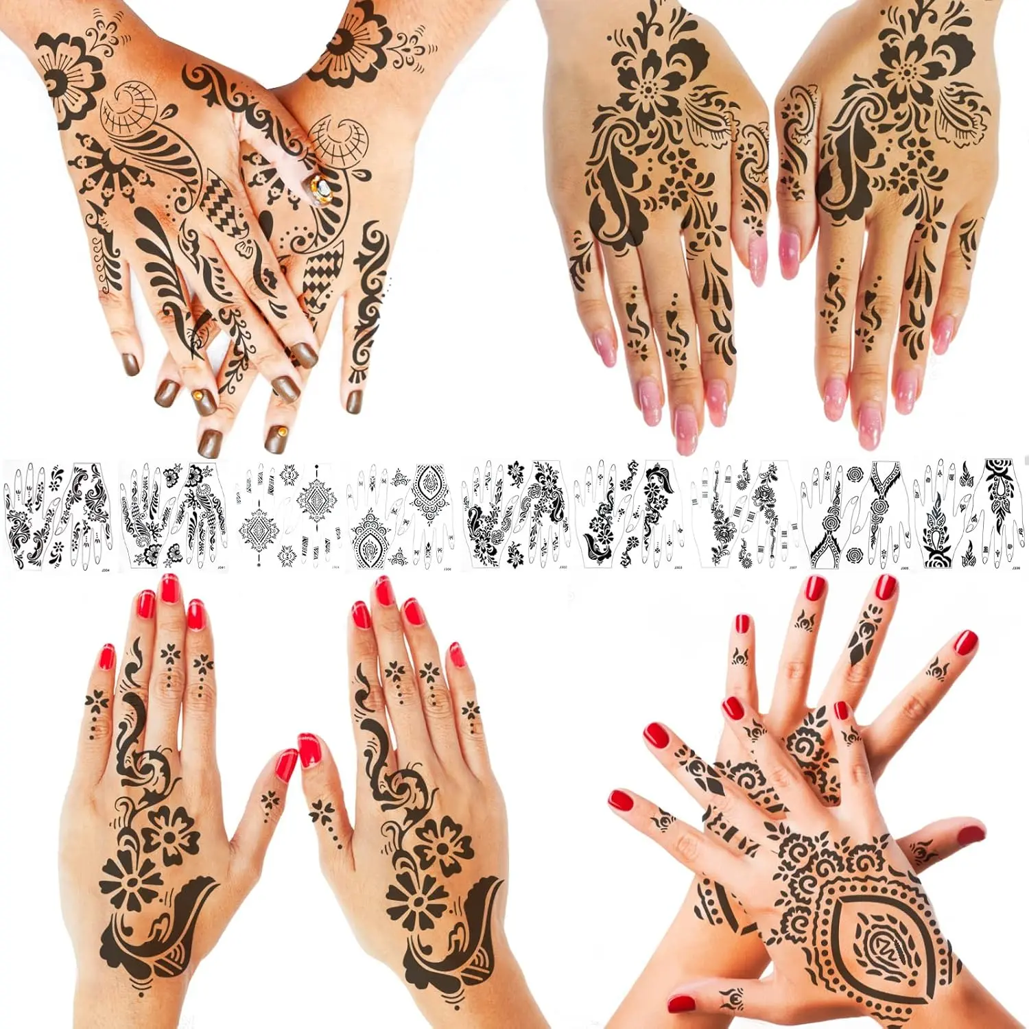 9-Sheet Indian Wet-Transfer Henna Temporary Tattoo Stickers Kit, 11x8.4 in Hand-Sized Waterproof Hand Tattoos for Beach, Festivals