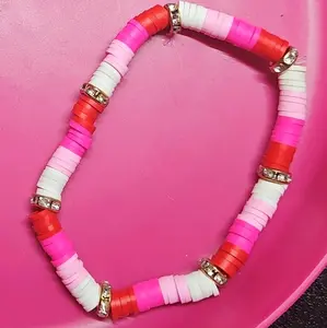 Handmade Red White Pink Disc Beads Bracelet with Sparkling Rhinestone Accents for Stylish Accessory