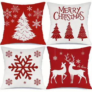 4pcs Festive Christmas Throw Pillow Covers - Red & White Snowflake, Reindeer, and Tree Designs with "Merry Christmas", Ideal for Holiday Home Decor, Living Room, or Sofa, Christmas Decorations, Sofa Cushion Cover, Single-sided printing, no pillow core