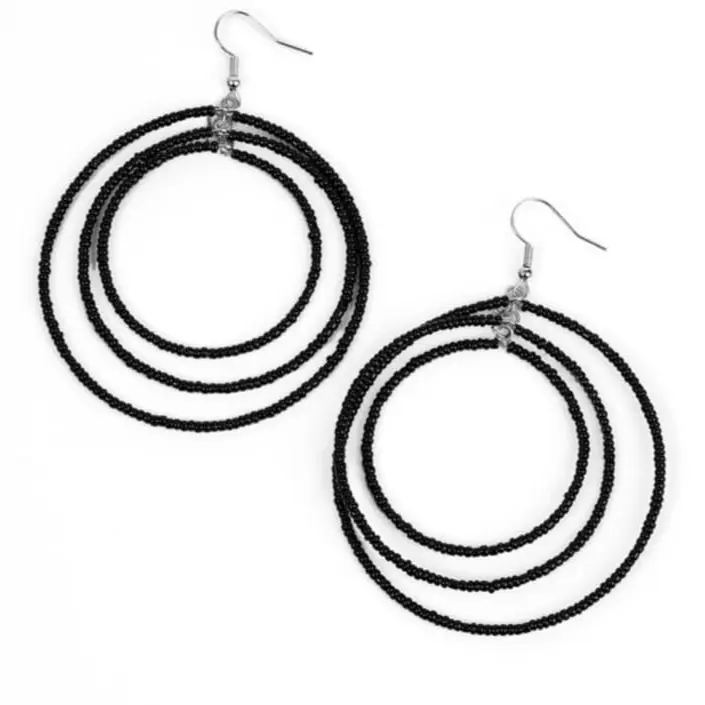 Fish Hook Black Beaded 3 Circle Earrings - Simple Design with Three Layers of Beads