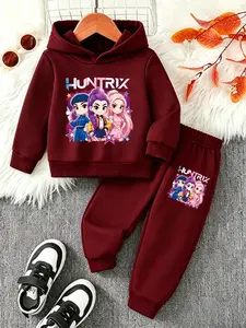 Girls' Spring Summer Casual Two-Piece Set, Cute Huntrix Hoodie Pants, Comfortable Soft Fabric, Fun Cartoon Design, Perfect Gift