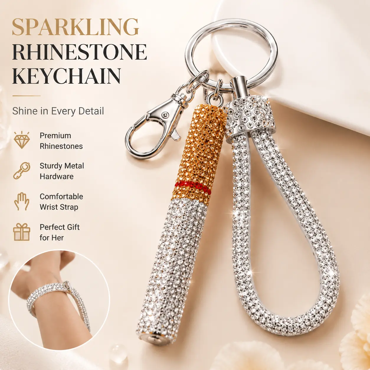 Luxury Rhinestone Wrist Keychain Bracelet for Women – Sparkling Crystal Key Ring Strap, Car Key Holder, Bag Charm, Fashion Accessory Gift