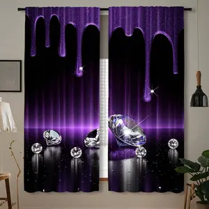 2-Piece set, sparkling purple diamond print curtains, translucent rod pocket design, suitable for bedroom, office, kitchen, living room study fashion home decoration, room decoration, Window Curtain