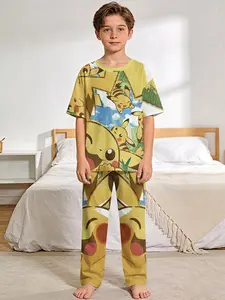 All-over printed Electric Mouse cute pajama set, digital printed short-sleeve pajamas with extended sleep pants, flame-retardant fabric. Fashionable, trendy, casual, comfortable and soft pajama set, suitable for sleeping and relaxing at home. Made of 100%