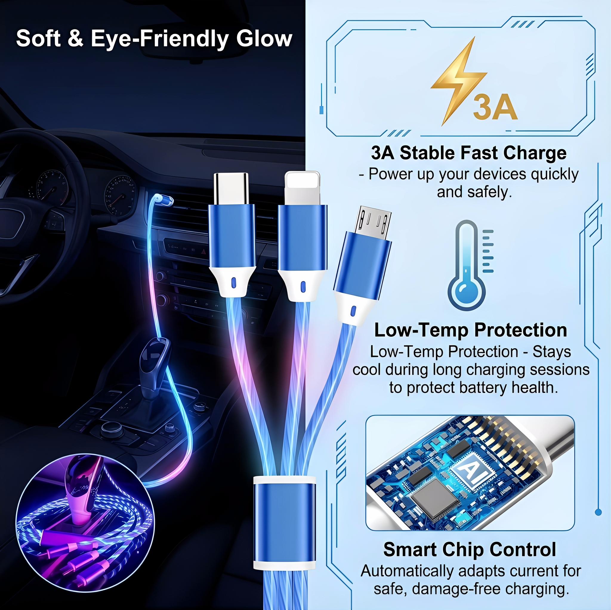 Multi Ports Light-Up USB 3-In-1 Charging Cable, Glowing LED Light Charging Cable, Durable Data Cable, Multifunctional Charging Cable, Super Fast Charger, Phone Accessories for iPhone Android Type C Mobile Phone As Night Light Use Multi Ports Light-Up USB 3-In-1 Charging Cable, Glowing LED Light Charging Cable, Durable Data Cable, Multifunctional Charging Cable, Super Fast Charger, Phone Accessories for iPhone Android Type C Mobile Phone As Night Light Use