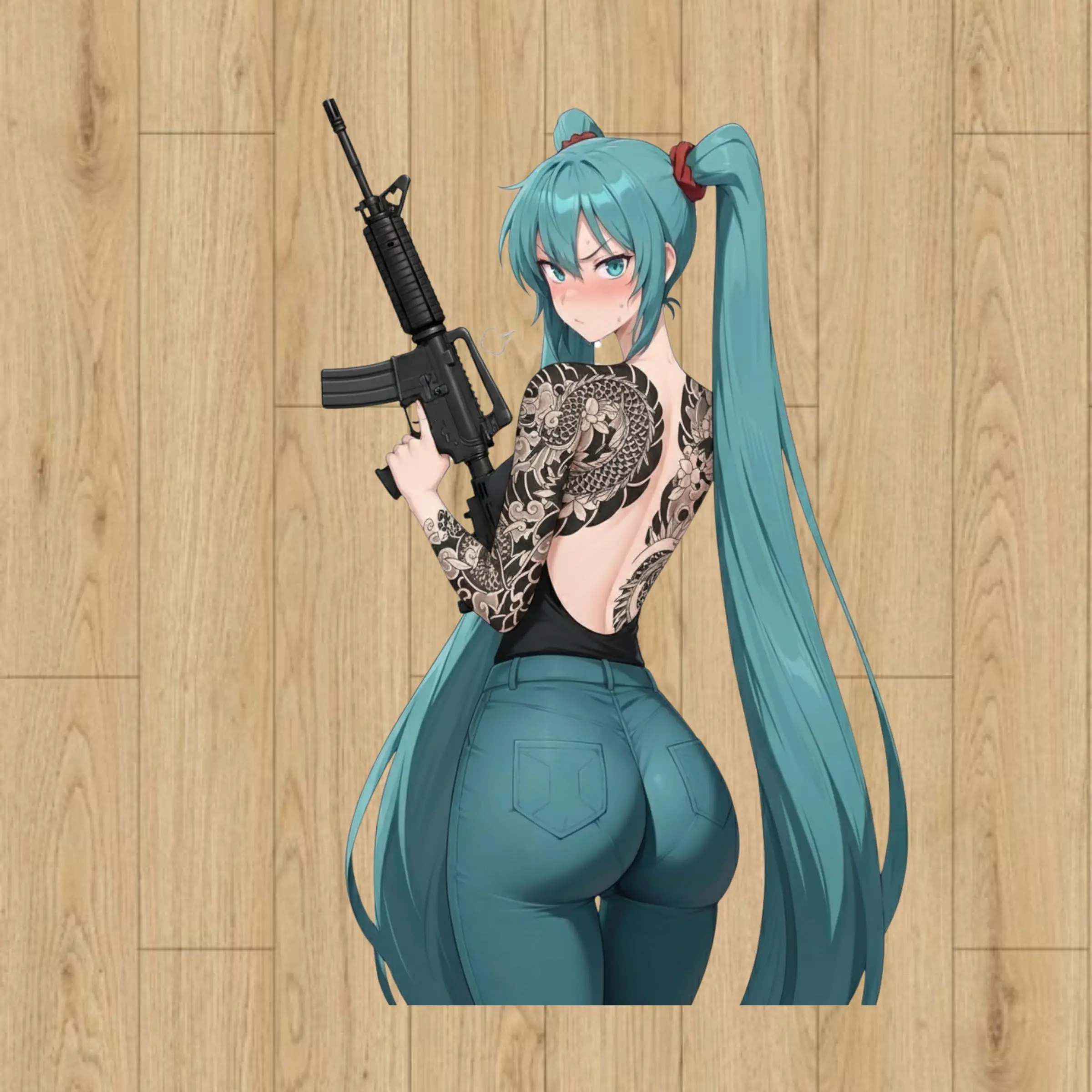 Hatsune Miku with M4A1 Rifle and Dragon Tattoo Sticker – Anime Miku Tactical Vinyl Sticker for Gun Lovers, Decal For Laptop Notebook Phone and Car