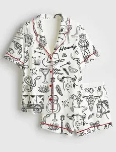 Cowgirl Whimsical Style Hand Drawn Satin Short Pajama Set, Western Bachelorette Party Short Pajamas, Matching Family Sleepwear Set, Pajama Set For Men Women Kids