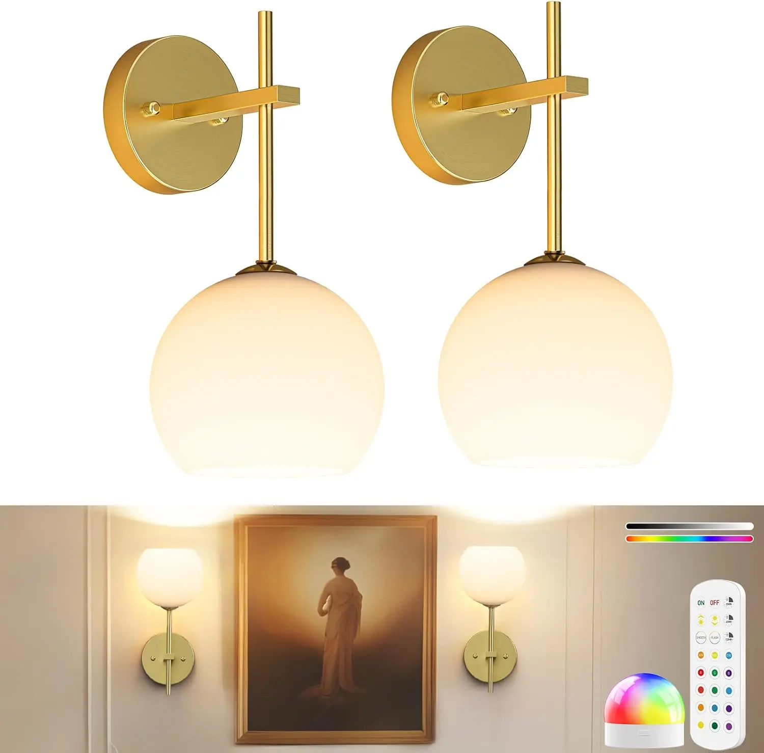 2-Pack Cordless Wall Sconces with Remote, Auto Power Off Ambient LED Mood Wall Spotlights, Glass Shade, Adjustable Heads, 12 RGB + 3 CCT Lighting, Upward-Downward Installation