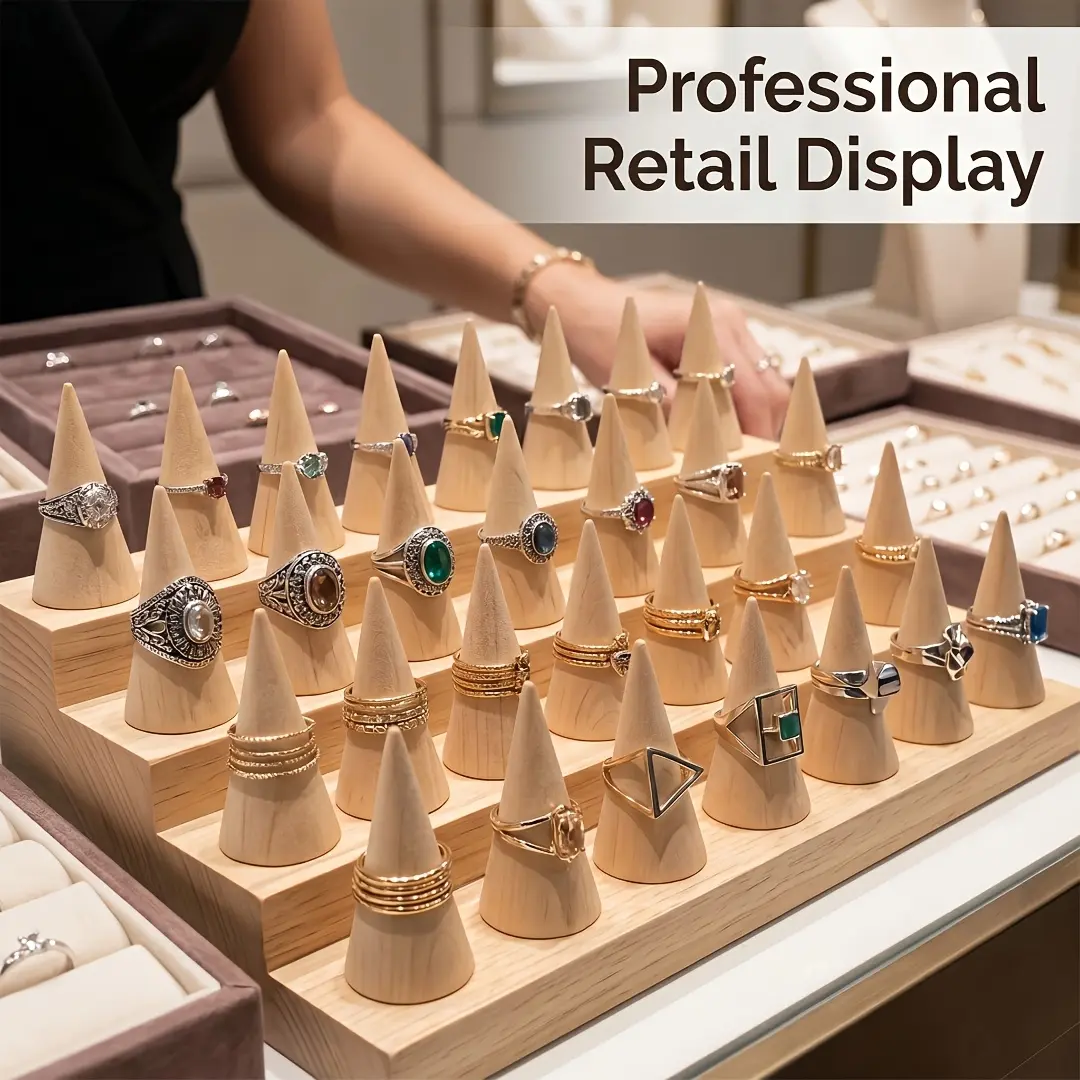 30pcs Wooden Cone-Shaped Ring Display Set, Natural Wood Cone-Shaped Ring Holder, Jewelry Display Rack, Storage Rack, Craft