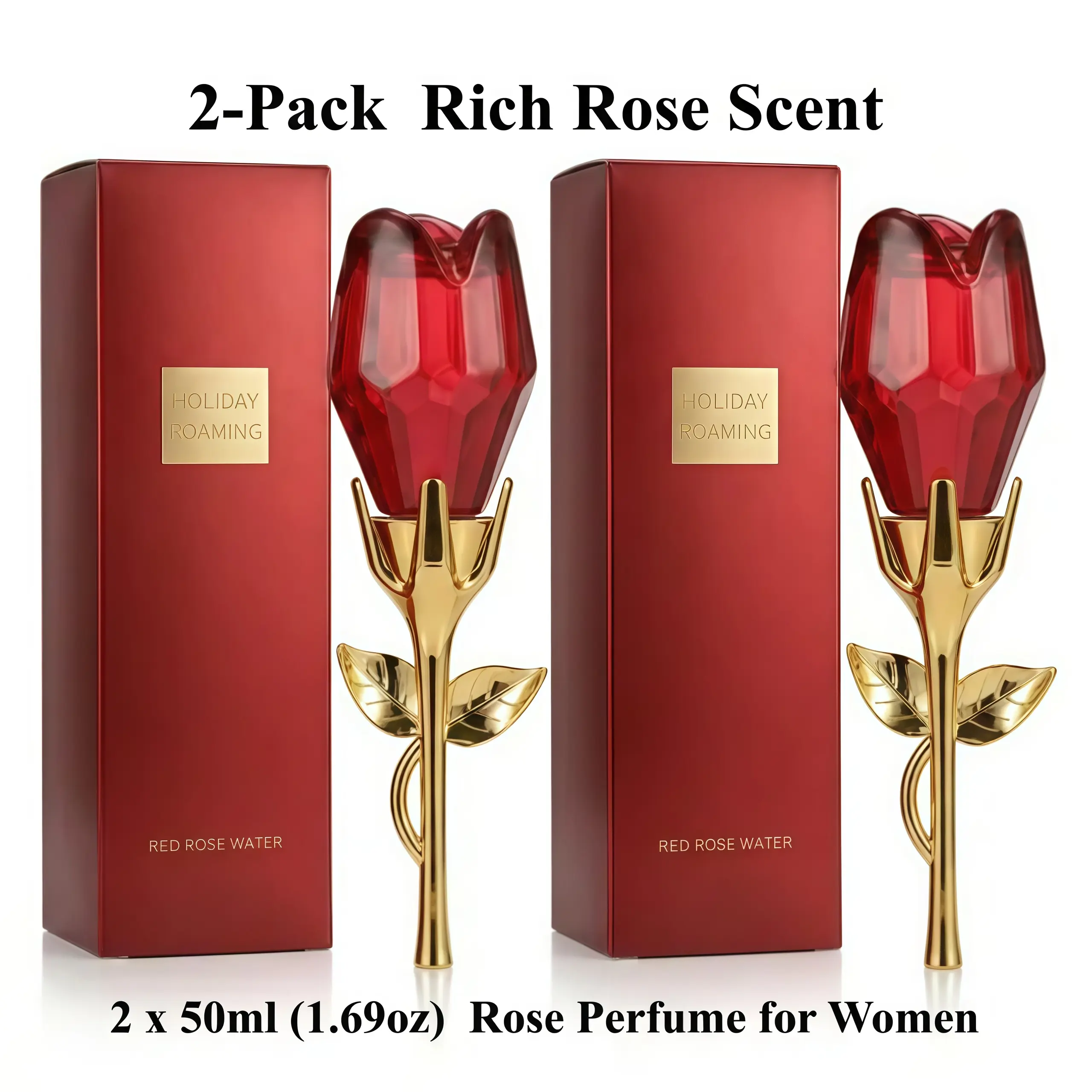 2-Pack 50ml (1.69oz Each) Luxury Red Rose Parfum Spray for Women – Long-Lasting Floral Scent, High Concentration Rose Oil, Rose-Shaped Bottle, Gift for Christmas/Birthday/Anniversary