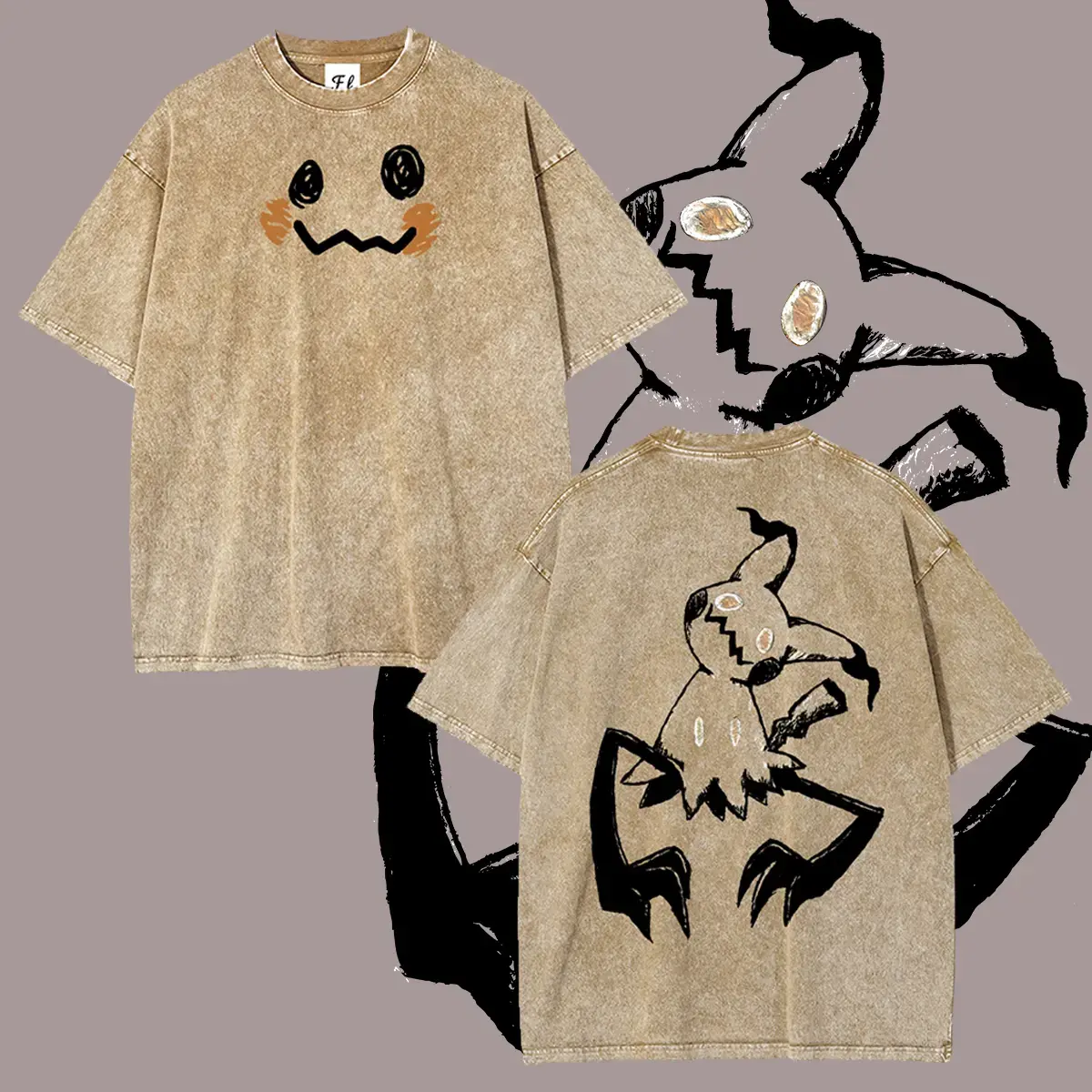 "Monsters" Retro Vintage Graphic Tee, Unisex Oversized Batik Cotton Mimikyu T-Shirt for Men, Super Soft Pre-Shrunk Male Clothing, Casual Streetwear, Mens Gifts