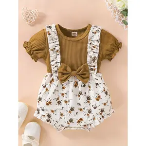 New Korean Style Baby Girl Summer Thin Short Sleeve Two-Piece Jumpsuit with Front Bow Detail and Newborn Floral Print Romper, Perfect for Outdoor