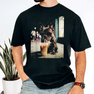 Comfort Colors French Bulld0g Iced Coffee Shirt, Funny Dog Coffee Lover Tee, Grunge Frenchie Graphic Shirt, Unisex Short Sleeve Tee, Crewneck Top