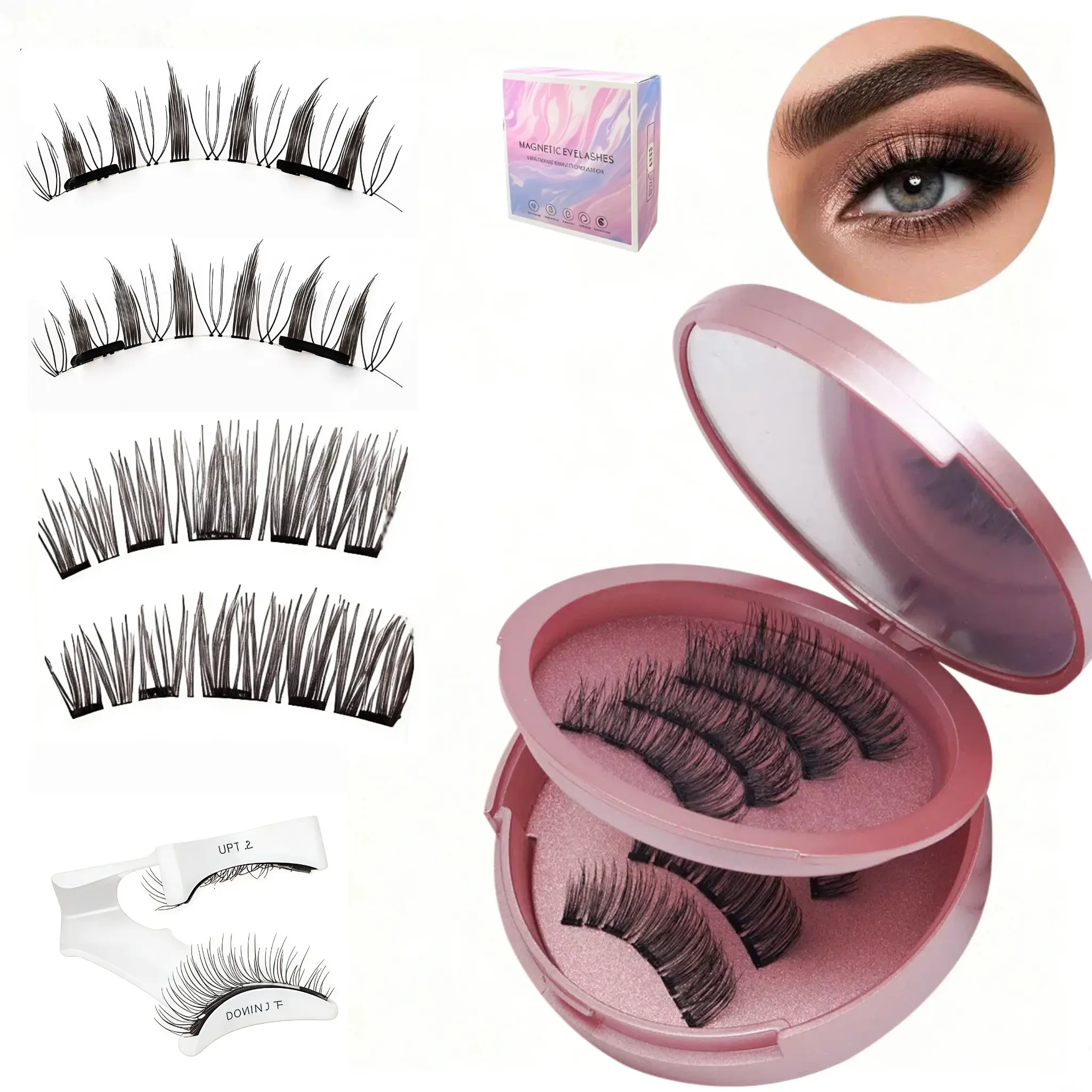 2 Pairs Reusable Magnetic Cluster Lash Kit, Glue-Free Hypoallergenic D Curl False Lashes, Lightweight Natural Wispy Eyelashes with Lash Applicator，Magnetic Reusable Fluffy Eyelashes Kit