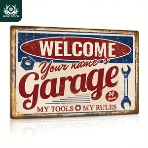 Personalized Vintage Garage Sign Custom Name Welcome to Your Garage Rustic Metal Wall Decor for Man Cave Indoor Outdoor Use 12x8 Inches Red Blue Distressed Design with Wrench Toolbox Illustrations Vintage Aesthetic Garage Decor