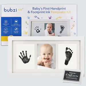 Bubzi Baby Hand & Footprint Kit - Baby Keepsake with Extra Large Ink Pad, Durable Wood Frame & Safe Non-Toxic Black Ink for Newborn Hand & Foot Imprints Gift Unisex