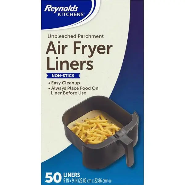 Reynolds Kitchens Air Fryer Liners Disposable, Unbleached Parchment Paper Sheets, 50 Count | Pre-Cut Disposable Parchment Paper Sheets, Fits Round and Square Air Fryers, Safe Up To 400F, Perforated For Better Airflow